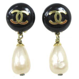 Chanel Artificial Pearl Dangle Earrings Clip-On Black 94A